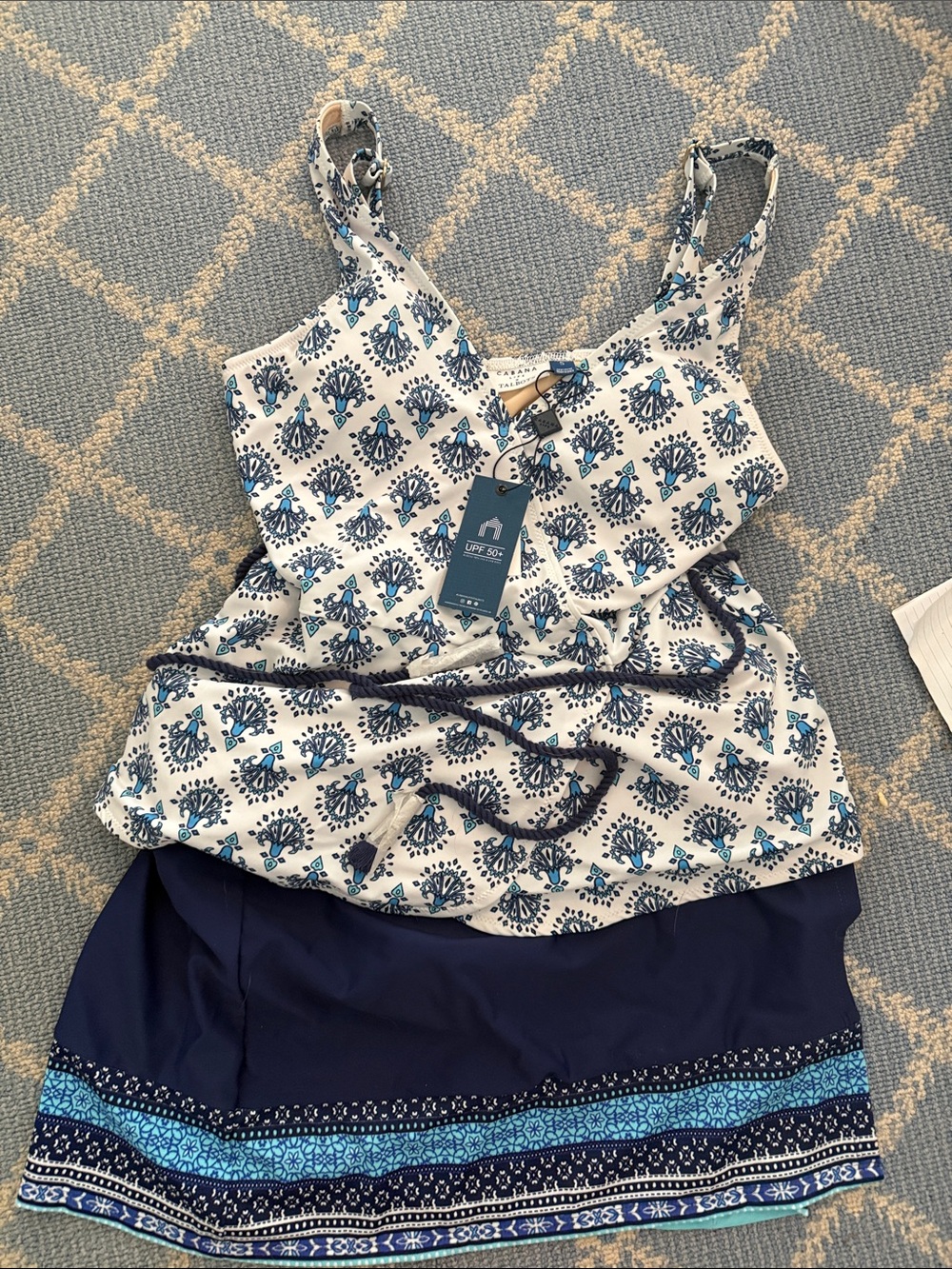 Cabana Life White and Navy Blue Patterned Women’s Tankini Swim Set